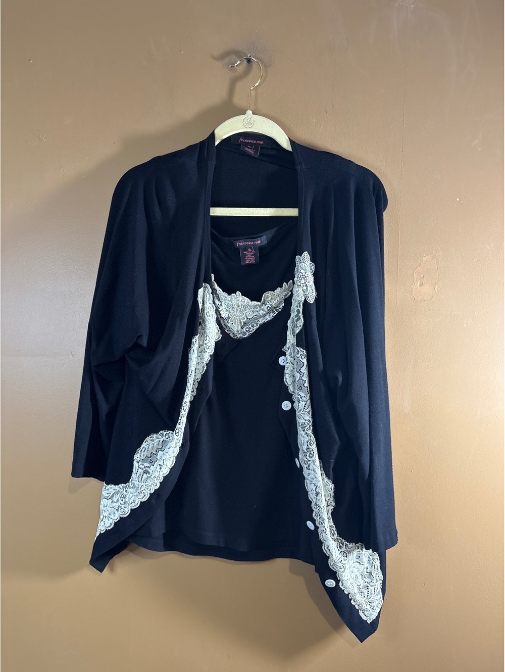 HC1165 Francesca Rose Blue Cardigan with White Lace Trim, Size XL